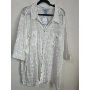 Liz & Me 5X Clean White Blouse Swim Coverup Long Tunic Button Front 3/4 Sleeves